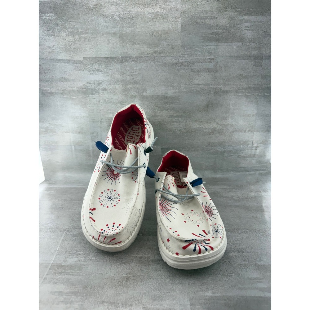 Hey Dude Wendy Fireworks White Red Blue Patriotic Canvas Shoes Women Sz 9